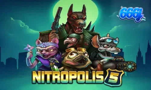 Tampilan layar utama permainan slot Nitropolis 5 dengan tema perang hewan.